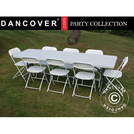 Party package, 1 folding table (240 cm) + 8 chairs, Light grey/White - Dancover (1/2)