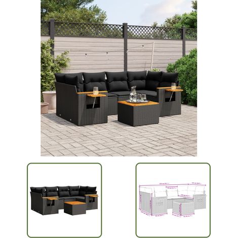 The Living Store Salon de jardin 7 pcs avec coussins noir résine tressée - Salon De Jardin - Meuble Extérieur - Set Salon - Résine Tressée - Rotin Synthétique (1/3)