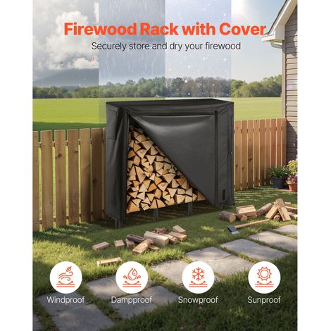 Casier à bois extérieur avec bâche imperméable 1.22m, rangement bûches métal 1/4 corde, capacité 400lb, entièrement couvert, acier laqué pour cheminée terrasse (1/5)
