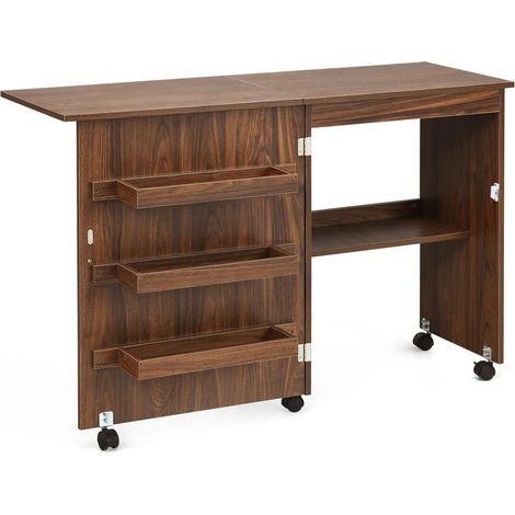 Table de couture pliante avec rangements, étagère et 5 roulettes, meuble gain de place pour atelier maison (1/5)