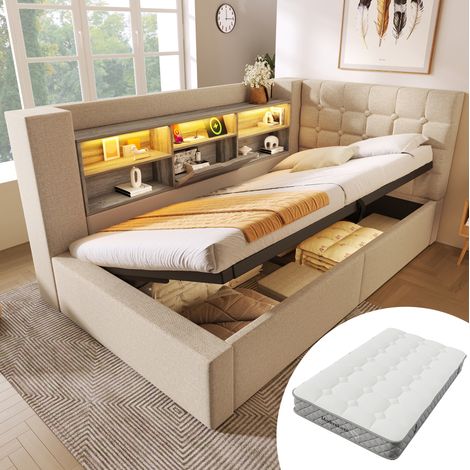 Cama tapizada 90x200 cm beige con LED, almacenaje, cabecero en L y colchón (1/5)