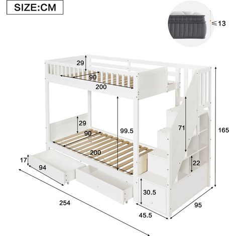 Lit superposé enfant 90 x 200 cm structure en bois finition blanche escalier de rangement deux coffres de lit barrière anti-chute (1/4)