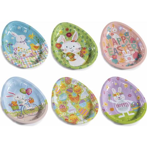 Vassoi / Piatti di Pasqua in metallo a forma di uovo con stampa pasquale, set da 6 pezzi, cm 18 x 26 H