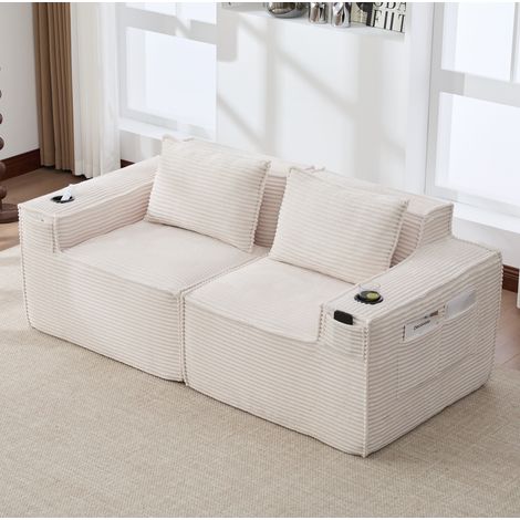 Sofá modular de 2 plazas de pana beige con portavasos, bolsillos laterales y muelles (1/5)