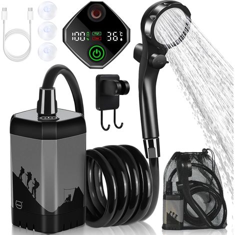 Douche Camping Portable, 7800 mAh, Pompe Rechargeable pour Douche électrique d'extérieur avec Affichage numérique Intelligent de la température, pommeau Douche pour Camping, randonnée