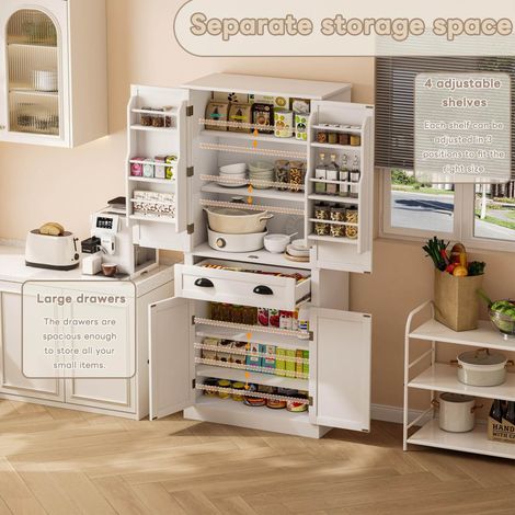 Credenza cucina 80x40x182 cm, con 1 cassetto, 4 ripiani regolabili, MDF, bianco (1/5)