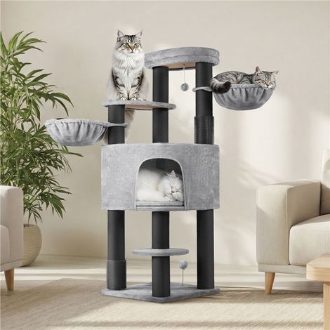 Homevive Árbol Rascador para Gatos Torre para Gatos con Postes Rascadores 2 Cepillos Rodillos Percas Condominio Cestas Bola Colgante para Gatos Grandes Gris Claro/Negro (1/5)