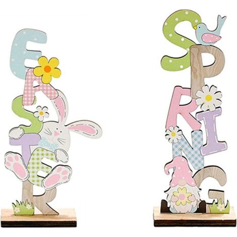 Panneau Décoratif En Bois - Lapin De Pâques Gnome - Pour Table Intérieure Décoration De Fête De Printemps - Lot De 2 (1/5)