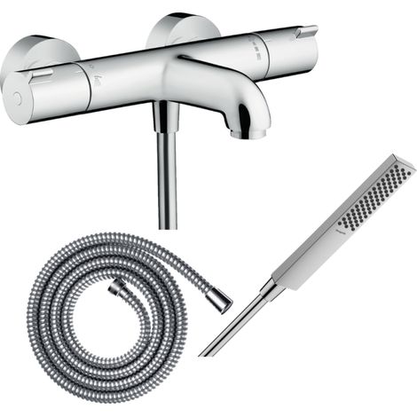Pack mezclador termostático de baño HANSGROHE Ecostat 1001CL + flexo Metaflex + rociador HANSGROHE Pulsify E 100 EcoSmart cromado