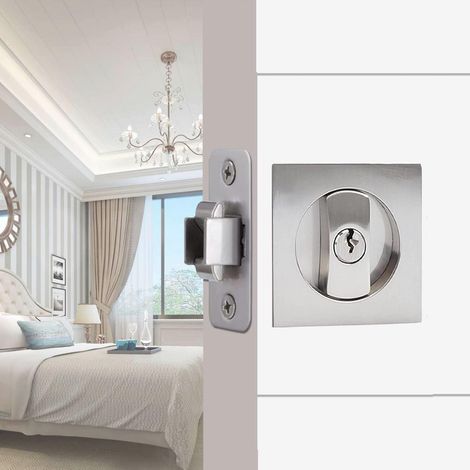 Serrure de porte coulissante Carré poignée avec serrure porte coulissante 66mm Argent Poignée de porte invisible Poignées de porte de poche avec serrure et clé (1/5)