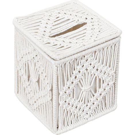 Boîte à mouchoirs en corde de coton tissée main, rangement bureau avec pompon, organiseur papier toilette décoratif (1/5)