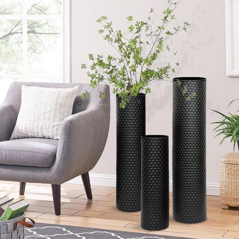 Grande Noir Vase Au Sol, 70/55/40 cm Métal Haut Vases Set de 3, Moderne Texture Nid d'abeille Grandes Vase Au Sol pour Salon Salle À Manger Chambre À Coucher Couloir (1/5)