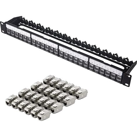 Panel de conexiones, 24 puertos, compatible con cables CAT7 y CAT6A, kit de panel de conexiones (1/2)