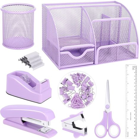 Organiseur de bureau et accessoires en maille violette, 7 compartiments avec agrafeuse, distributeur de ruban adhésif, 1000 agrafes, porte-stylo, extracteur d'agrafes, clips, règle, ciseaux (1/5)