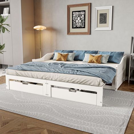 Lit gigogne 90/180x200 cm en bois massif, Canapé-lit extensible avec 2 tiroirs et sommier à lattes, Lit au sol 2 personnes pour adultes adolescents, sans Matelas, Blanc (1/5)