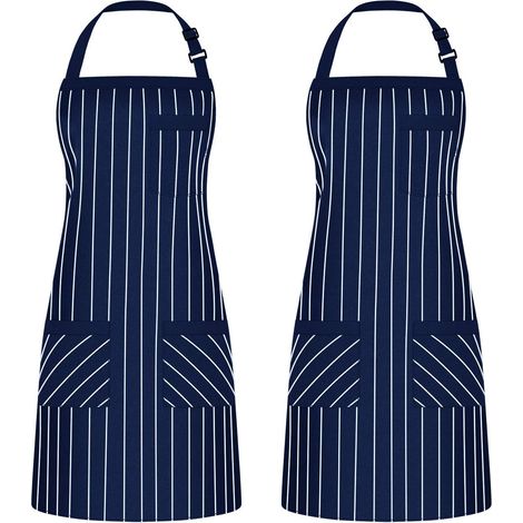 Tablier de Cuisine à Bavette Ajustable Femme Homme Chef Rayures Bleues et Blanches - 2 Pièces (1/5)