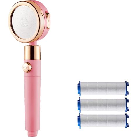 Pommeau de Douche, Economie Deau Pommeau Douche Anti Calcaire, Haute Pression Douchette Douche Salle de Bain avec 3 + 1 Modes et Filtre, Arrêt de L'eau à Une Clé- ABS - Rose (1/5)
