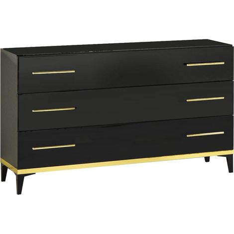 Commode design 3 grands tiroirs bois noir laqué et métal doré Diamanto 120cm (1/3)