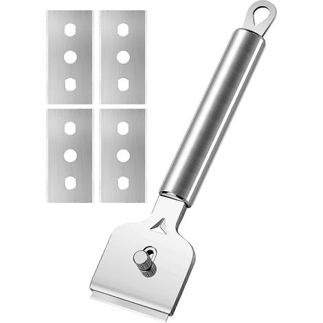 Grattoir à verre, grattoir pour plaques de cuisson vitrocéramiques avec 4 lames de rechange pour plaques à induction, voiture, verre, miroir, autocollants, nettoyage (acier inoxydable) (1/5)