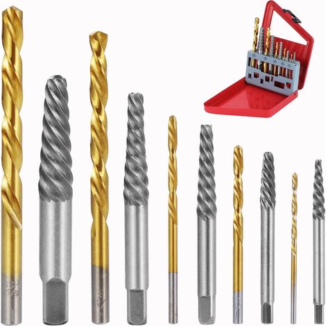 Lot of 10 extractors of fish, forets helicoidaux, mèches impériales, and acier au carbone, perceuse à vis et extracteur, tools for retrait de porte-boulons dans un boîtier en fer suspendu. (1/5)