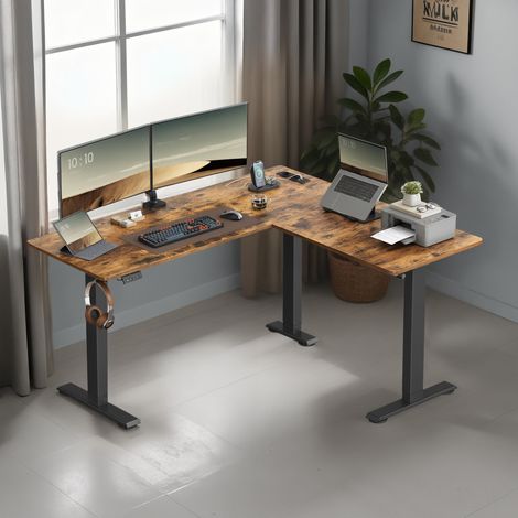 Bureau Électrique Réglable en Hauteur, Bureau d’Angle Assis-debout, 160 x 140 cm, avec Multiprise, Fonction Mémoire 2 Hauteurs, Marron et Noir (1/5)
