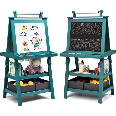COSTWAY 3 in 1 Kinder Staffelei, Kindertafel doppelseitig, Whiteboard & Kreidetafel & Zeichenpapier, Standtafel inkl. Magneten, 2 Regalebenen Holztafel mit 2 Aufbewahrungsboxen Blau (1/5)