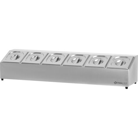 Mahlzeit Edelstahl Zutatenbehälter  6 x 1/6 GN Behälter mit Gummifüße  102,5 x 24,5 x 21,5 cm