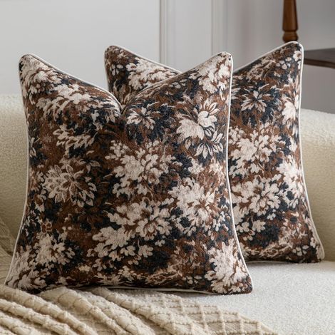 Lot de 2 décoratives Motifs Floraux Housses de Coussin Jacquard Unies Douces pour canapé Salon et Chambre Charbon Cacao 45x45 cm (1/5)