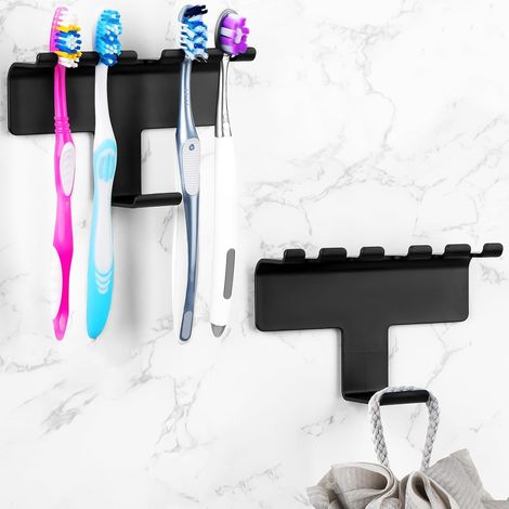 SHINING HOUSE Support mural pour brosse à dents avec cintre pour salle de bain, douche, support mural en plastique auto-adhésif à 4 emplacements (noir)