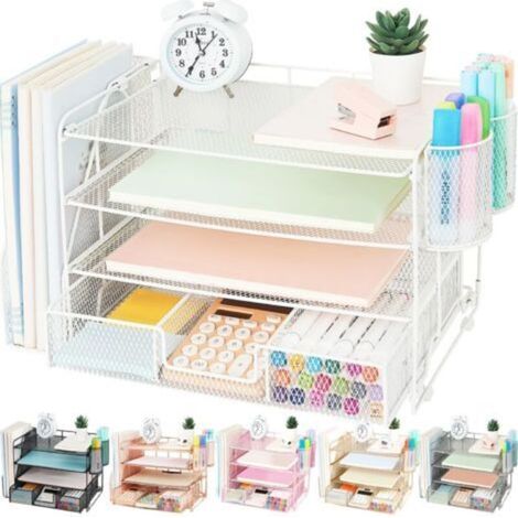 Schreibtisch-Organizer mit Aktenhalter, 5-stufiger Briefablage mit Schublade und Stifthalter, Büroaccessoires für Schule, Zuhause und Büro (weiß) (1/4)