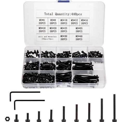 440 Pcs M3 Petites vis métriques avec écrous, bouchon de tête de prise hexagonale et kits d'assortiment d'écrous, vis de fixation de machine de remplacement en acier allié et écrous de boulons