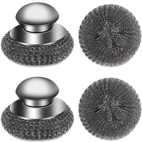Ensemble de 4 brosses en laine d'acier avec tampons en éponge métallique de rechange, brosses en acier inoxydable avec manches, fer (2 brosses + 2 tampons) (1/5)