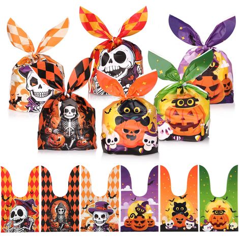100Pcs Sachet Bonbon en Plastique, Sachets Halloween Imprimés à Citrouille, Crâne et Chat Noir, Sacs de Cadeau, Pochette Bonbon pour Halloween Parties (1/5)