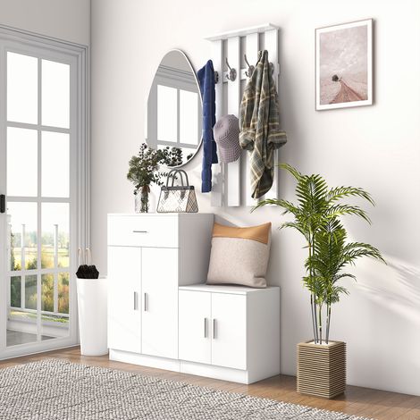Zapatero con perchero integrado para entrada y dormitorio, madera, 100x32x187cm, blanco.