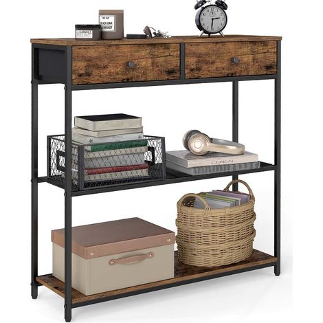 Mesa de entrada estrecha con 2 cajones de tela consola/mesa auxiliar en 3 niveles 24 x 76 x 80 cm para entrada/salón marrón 120007999