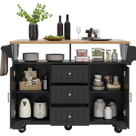 Îlot de cuisine / buffet 120x40(80)x95 cm,chariot extensible des deux côtés sur roulettes,avec porte-serviettes et étagère à épices,2 portes et 3 tiroirs,noir/blanc