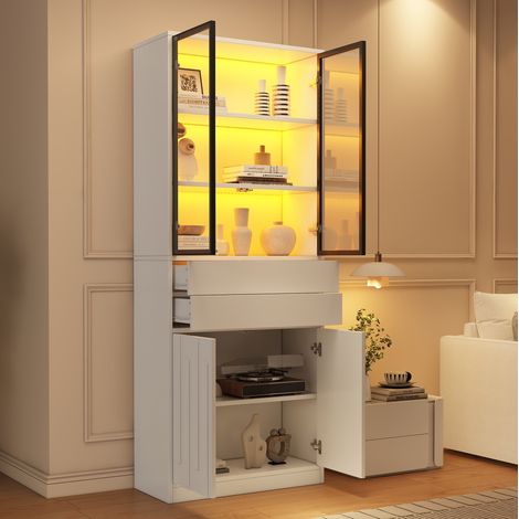 Vetrina alta 70x34x180 cm, con luci LED Bluetooth, 2 cassetti, vetro temperato, truciolato bianco (1/5)
