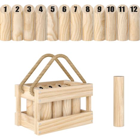 Jeu de Mölkky, jeu de lancer viking Kubb en bois avec 12 quilles, 1 bâtonnet et une boîte de transport pour les familles et les groupes.