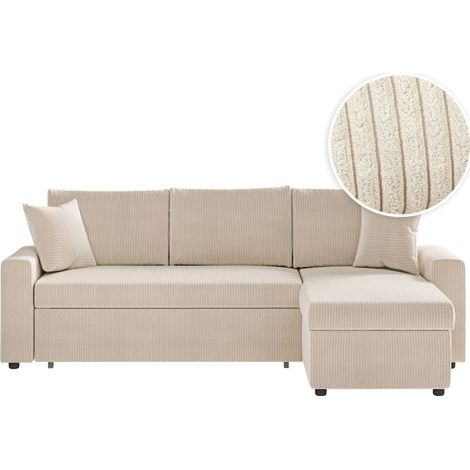 Loungitude – Canapé d'angle convertible réversible en velours côtelé – Coffre de rangement – Lit d'appoint spacieux – Ecru (1/5)