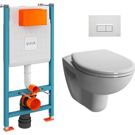 Vitra  Pack inodoro V-Fix + inodoro sin brida Vitra Normus + asiento SoftClose + Placa, Blanco Brillo (V-FixNormusRimless-1)