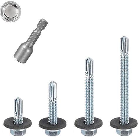 Lot de 105 vis autoperceuses à tête hexagonale M5.5 avec rondelle d'étanchéité en caoutchouc et douille hexagonale, kit de vis de toit en métal pour bois métallique – 19/32/45/60 mm (1/5)