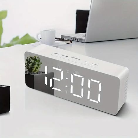 Réveil miroir LED moderne multifonction, thermomètre calendrier réveil, boîtier plastique 15mm, plusieurs finitions de couleur et éclairage (1/5)