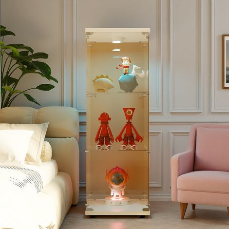 3 Étagères Vitrine Verre Trempé Collection Salon, lumière LED, sécurité enfant conception, 1 porte, fermeture à clé, base blanc, 42x36x125 cm