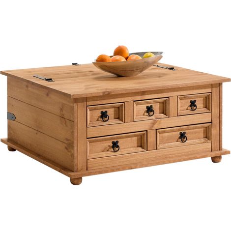 Idimex – Table basse fixe en pin massif teinté – 5 tiroirs – Dimensions 44 x 92 x 72 cm – Finition cirée/coloris antique