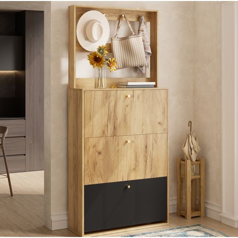 Mobile portascarpe a 3 ribalte con ganci, 75 x 24 x 180 cm, nero e naturale DESVIAE (1/5)