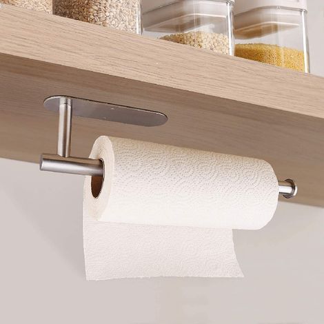Porte-essuie-tout pour cuisine, sans perçage, en acier inoxydable SUS304, montage mural pour salle de bain, camping-car, avec adhésif et vis (argenté) (1/4)