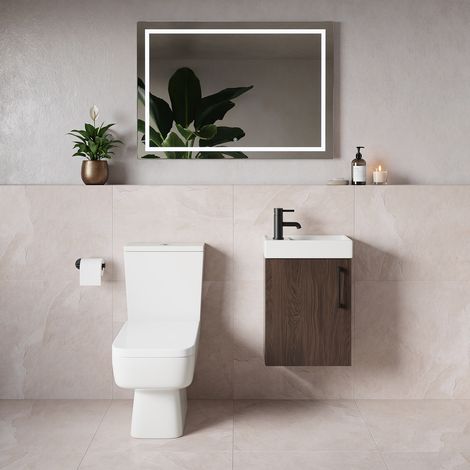 Napoli Cube Brown Oak 400mm Single Door Wall Mounted Vanity Unit and Toilet Suite with Align Basin - 400mm - Matt Black 160mm Handle