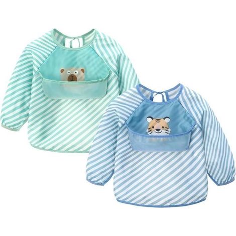 Baby Bavoir à Manches Longues pour Bébé 2pcs Tablier Imperméable Bavoirs d'Alimentation pour Enfant de 6 mois à 3 ans M