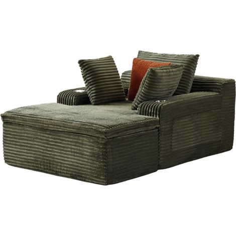 Sofá cama suelo sin montaje con chaise longue de pana verde, 3 cojines y manta 2 en 1 (1/5)
