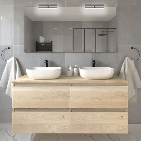 Meuble de salle de bain avec vasques à bords arrondies - bambou (chêne clair) - BALEA et miroir avec appliques - 120cm (1/5)